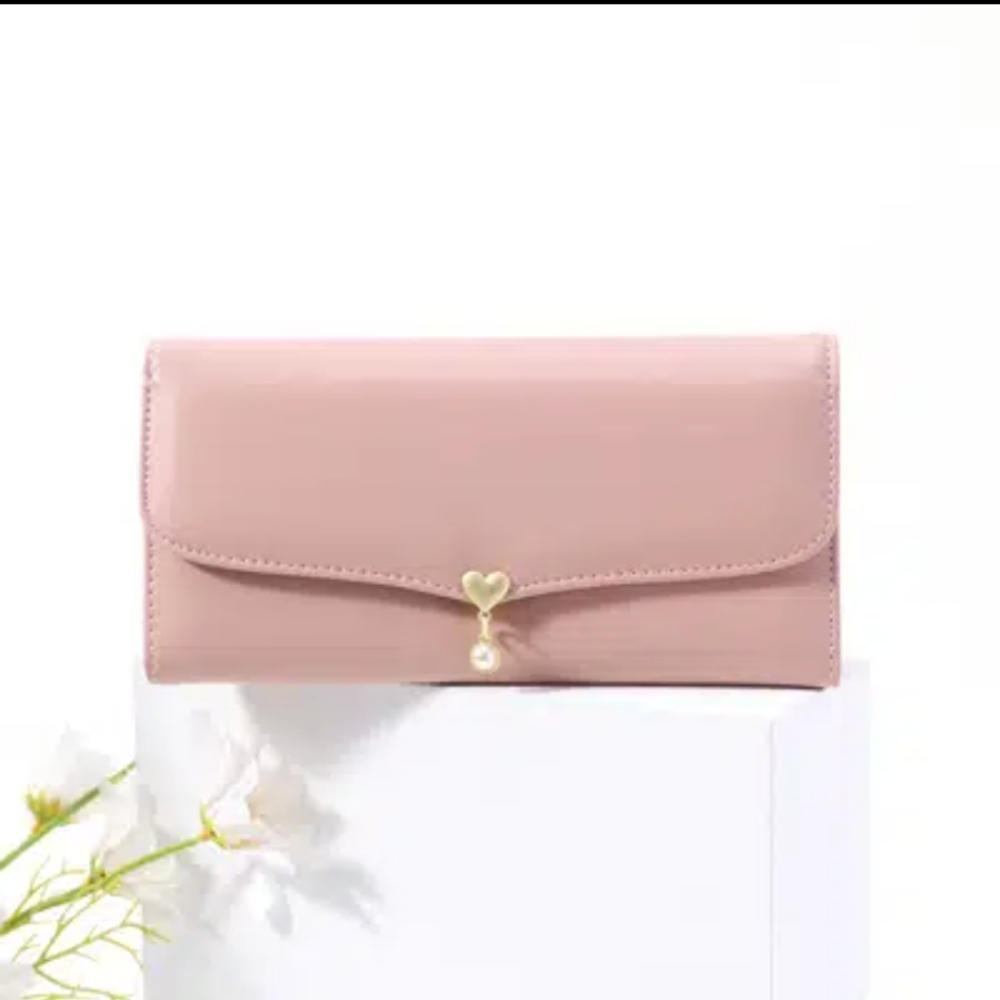 Heart & faux pearl decor long wallet